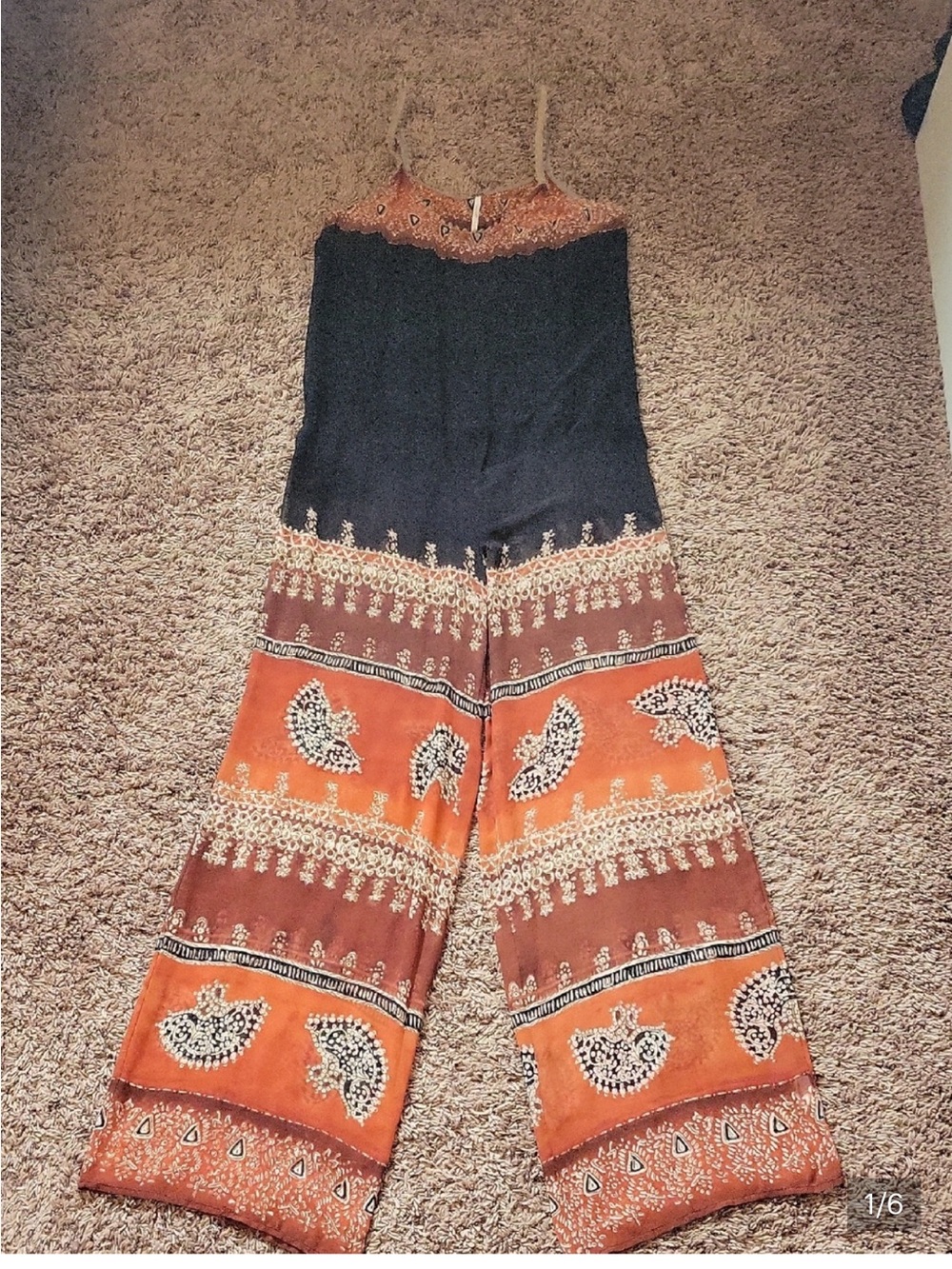 Free People Black and Orange Boho Patterned Sheer Wide-Leg Jumpsuit